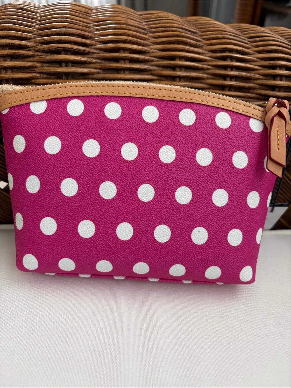 NWT Dooney & Bourke Hot Pink & White Polka Dot Cosmetic Pouch with Leather Trim